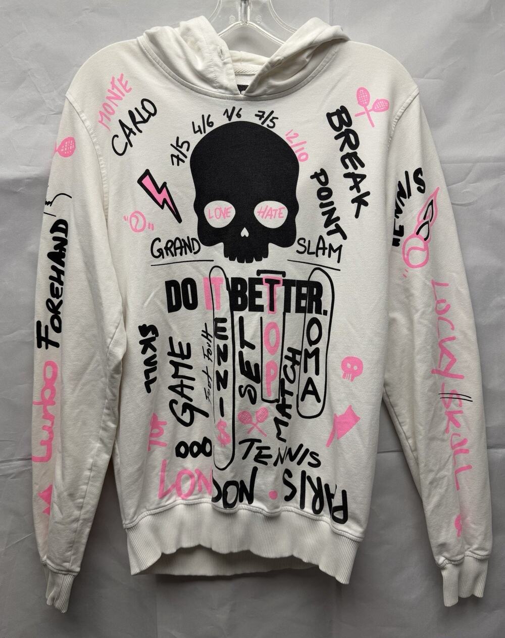 HYDROGEN Tennis Hoodie White Fuchsia Cotton Graffiti Mens Size S *Missing String